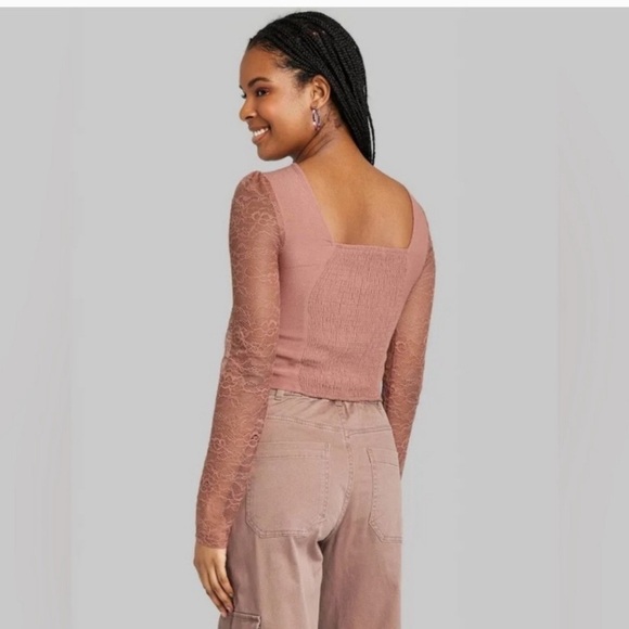 5/$25 NWT Wild Fable Cropped Boho Lace Sleeve Shirt Square Neck Large Pink - Picture 3 of 5